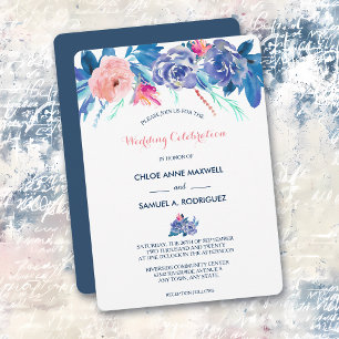 Blue Peach Roses Bouquet Border Wedding Invitation