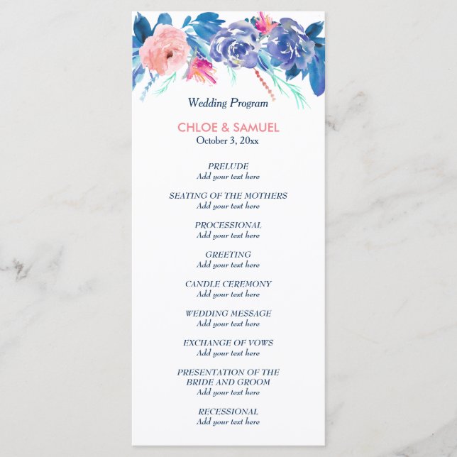 Blue Peach Roses Bouquet Wedding Program (Front)