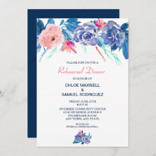 Blue Peach Roses Bouquet Wedding Rehearsal Dinner Invitation
