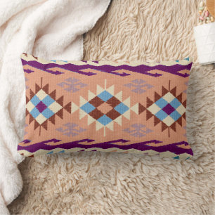Blue Peach Violet Oriental Kilim Rug Lumbar Cushion