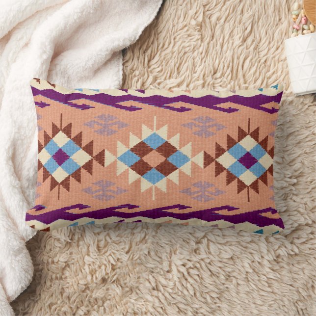 Blue Peach Violet Oriental Kilim Rug Lumbar Cushion (Blanket)
