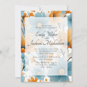 Blue Peach Watercolor Floral Wedding  Invitation
