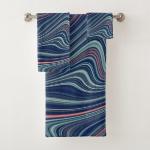 Blue & Peach Wavy Marbling Agate Abstraction Bath Towel Set