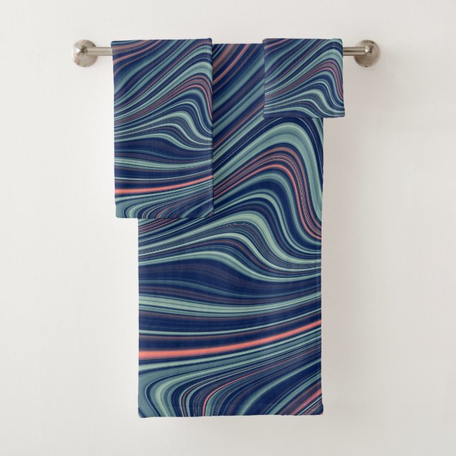 Blue & Peach Wavy Marbling Agate Abstraction Bath Towel Set (Insitu)