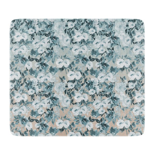 Blue Peach White Floral Cutting Board (Front)