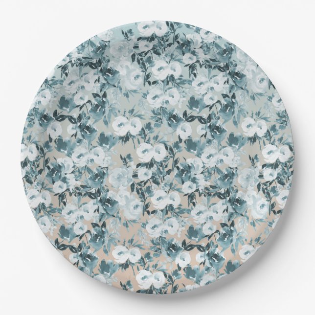 Blue Peach White Floral Paper Plate (Front)