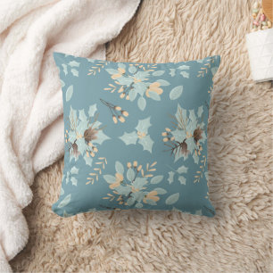 Blue Peach Winter Floral Bouquet Pattern Cushion