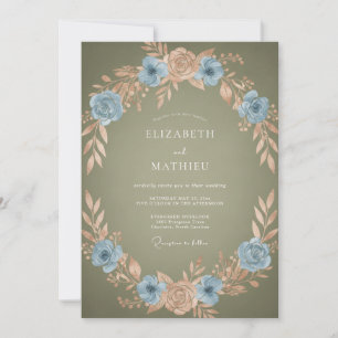 Blue Peach Wreath Romance Wedding Invitation