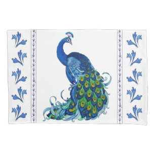 Blue Peacock and Leaves Pillow Case