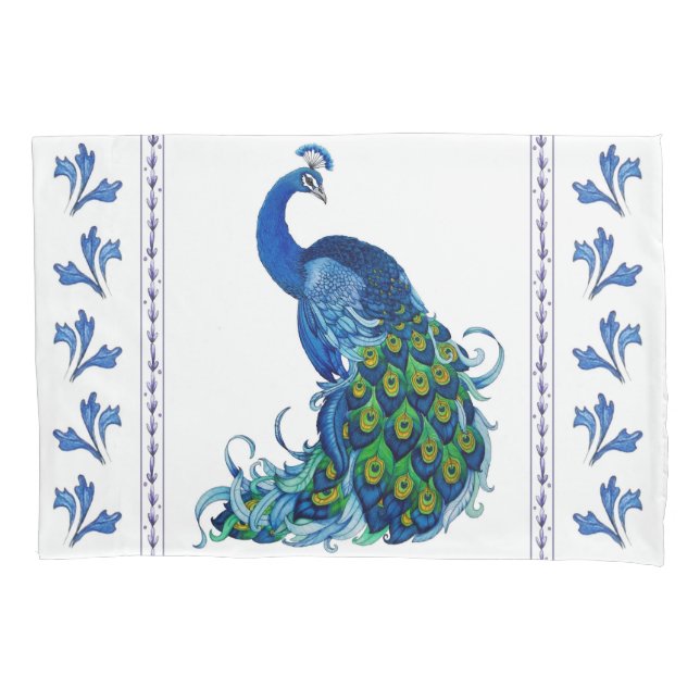 Blue Peacock and Leaves Pillow Case (Front)