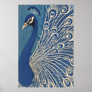 Blue Peacock Art Print Minimalist Feather Wall