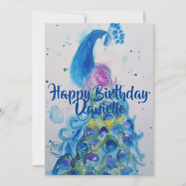 Blue Peacock Art Watercolour Birthday Invitation (Front)