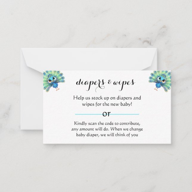 Blue Peacock Baby Shower Diaper Wipe Card (Front)