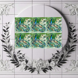 Blue Peacock Couple Green Golden Feathers Motif Ceramic Tile