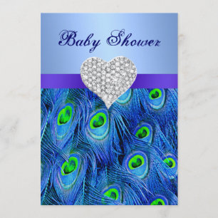 Blue Peacock Diamond Heart Baby Shower Invitation