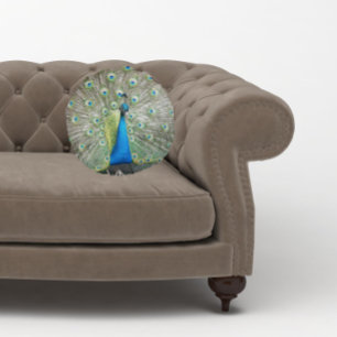 Blue Peacock Feather Plumage Round Cushion