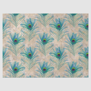 Blue Peacock Feathers on Light Brown Decoupage Tissue Paper