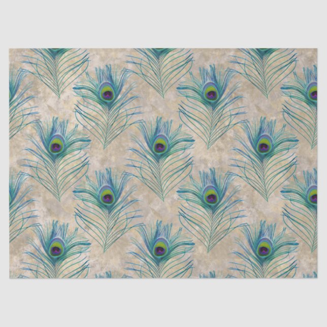 Blue Peacock Feathers on Light Brown Decoupage Tissue Paper (Front)