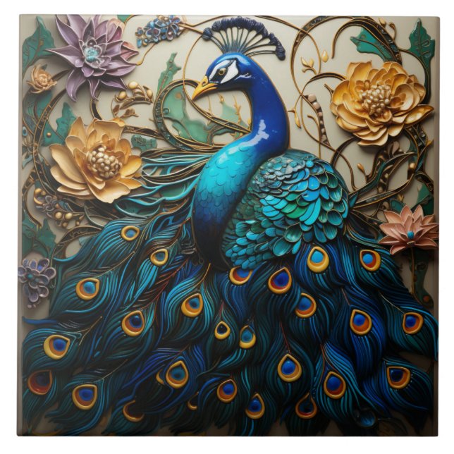 Blue Peacock, Flowers, 3D Effect, Colourful Ceramic Tile (Front)