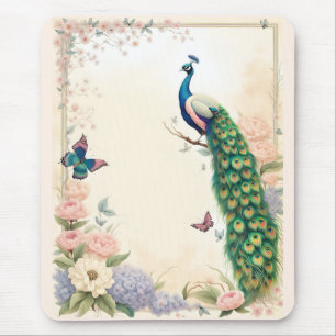 Blue Peacock in Pastel Flower Garden II Mouse Pad
