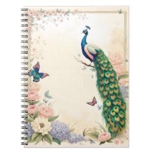 Blue Peacock in Pastel Flower Garden II Notebook