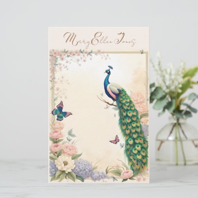 Blue Peacock in Pastel Flower Garden II Stationery (Standing Front)