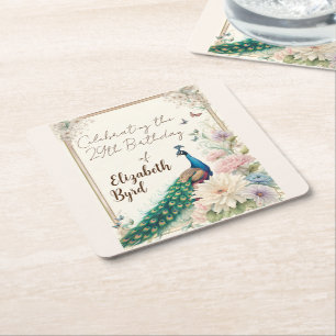 Blue Peacock in Pastel Flower Garden PARTY Square Paper Coaster