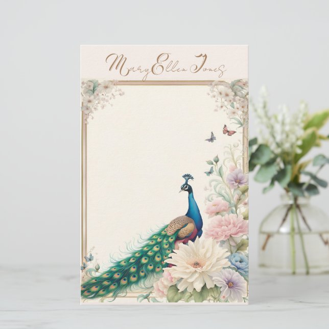Blue Peacock in Pastel Flower Garden Stationery (Standing Front)