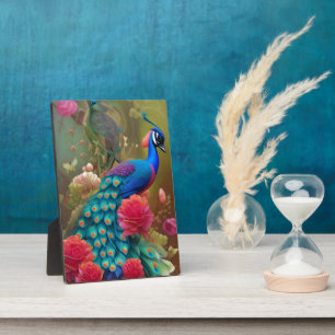 Blue Peacock in Pink Heart Rose Garden Plaque