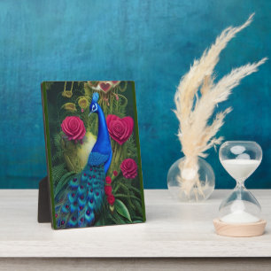 Blue Peacock in Pink Heart Rose Garden Plaque