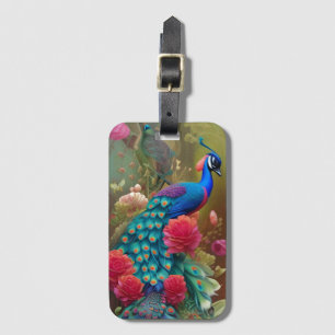 Blue Peacock in Pink Rose Garden Luggage Tag