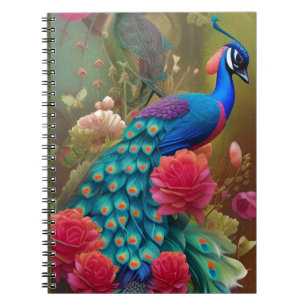 Blue Peacock in Pink Rose Garden Notebook