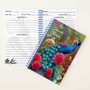 Blue Peacock in Pink Rose Garden Recipe Notebook