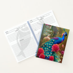 Blue Peacock in Pink Rose Garden Recipe Notebook