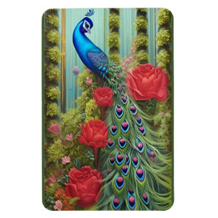 Blue Peacock in Rose and Fern Garden Magnet