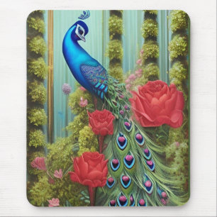 Blue Peacock in Rose and Fern Garden Mouse Pad