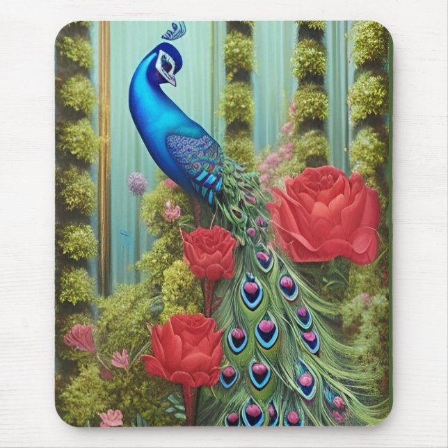 Blue Peacock in Rose and Fern Garden  Mouse Pad (Front)