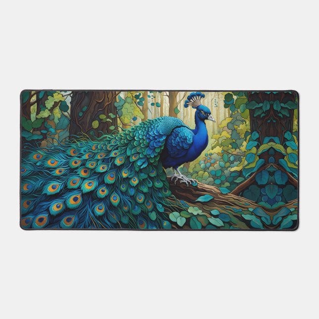 Blue Peacock in the forest Desk Mat (Front)