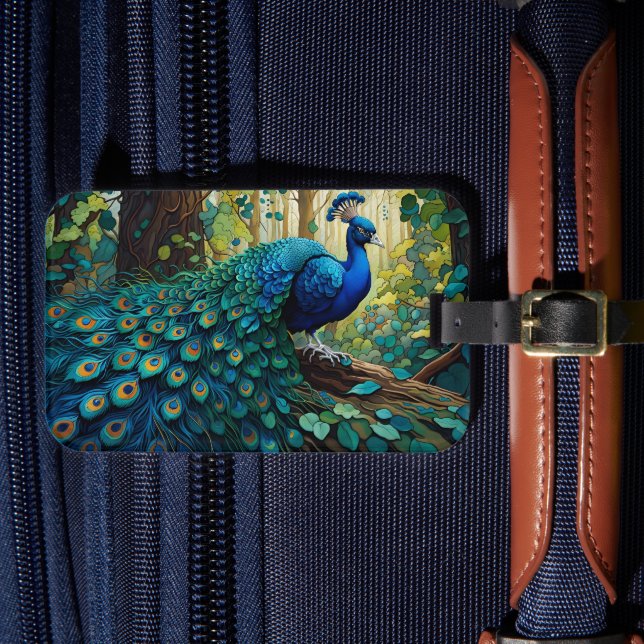 Blue Peacock in the forest Luggage Tag (Front Insitu 4)