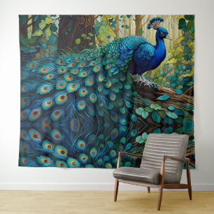 Blue Peacock in the forest Tapestry