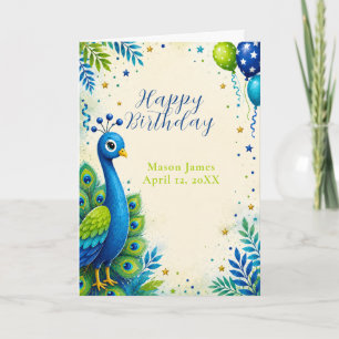 Blue Peacock Kids Birthday Party Card