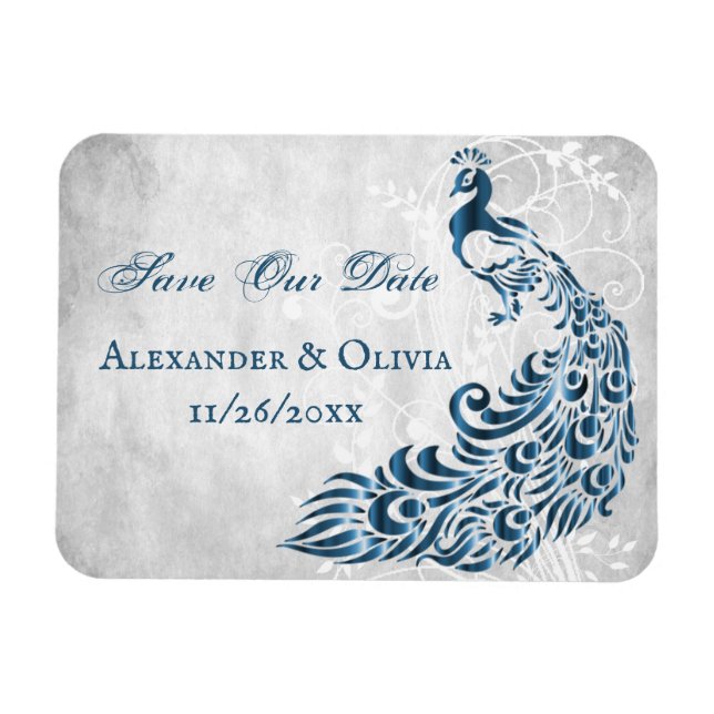 Blue Peacock Leaf Vine Save The Date Magnet (Horizontal)