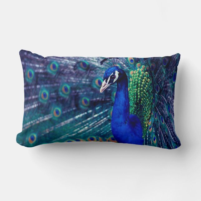 Blue Peacock Lumbar Cushion (Front)