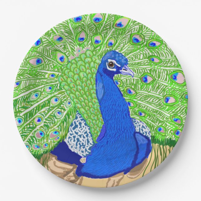 Blue Peacock Paper Plate (Front)
