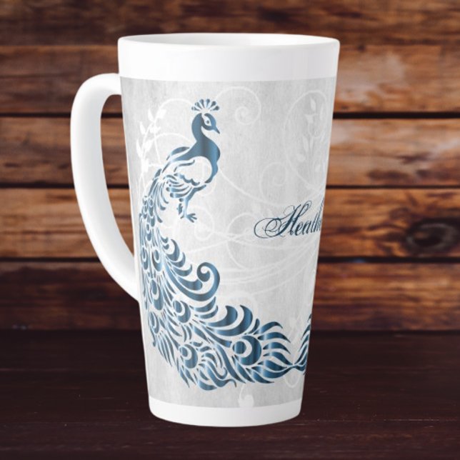 Blue Peacock Personalised Latte Mug (Blue Peacock Personalized Latte Mug)