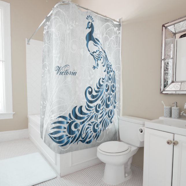 Blue Peacock Personalised Shower Curtain (In Situ)