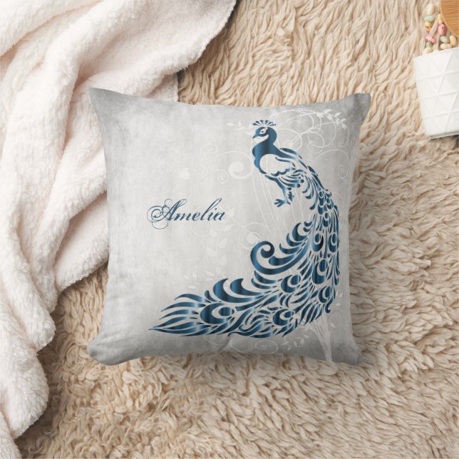 Blue Peacock Personalised Throw Pillow (Blanket)
