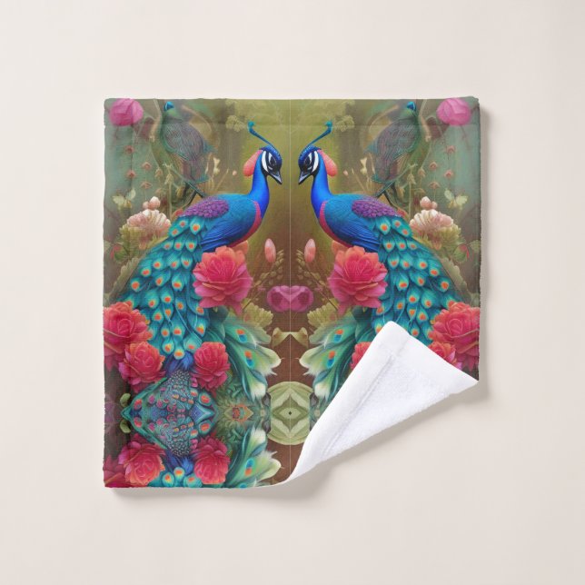 Blue Peacock, Pink Rose Garden Bath Towel Set (Wash Cloth)