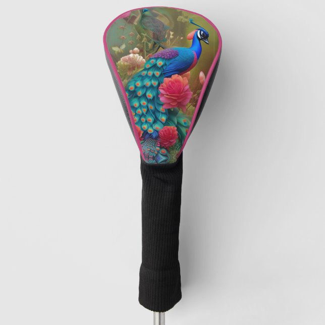Blue Peacock, Pink Rose Garden  Golf Head Cover (Front)