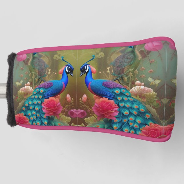 Blue Peacock, Pink Rose Garden Golf Head Cover (Front)
